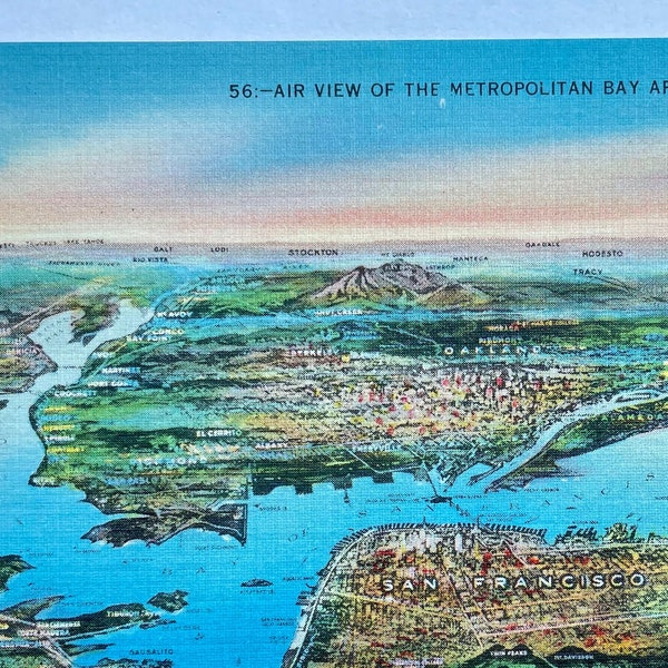 Topographical View of the San Francisco Metropolitan Bay Area, Vintage Linen Postcard