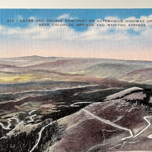 Pikes Peak, Colorado Springs, Double Bow Knot Highway, Colorado, carte postale vintage linen