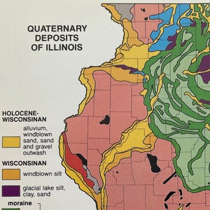 Carte des gisements quaternaires de l’Illinois, de l’Illinois State Geological Survey, carte postale vintage