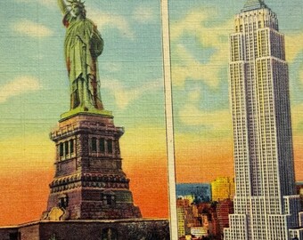 Bâtiment RCA, Statue de la Liberté, Empire State Building, New York, carte postale ancienne en lin