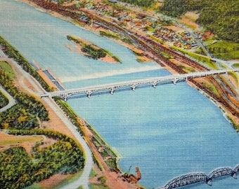 Aerial View of the Highland Park Bridge Over the Allegheny River, Pittsburgh, Pennsylvania Vintage Linen Postcard