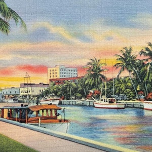 Carte postale vintage Coucher de soleil sur la New River à Andrews Avenue Bridge, Fort Lauderdale, Floride
