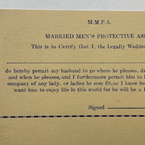 Association de protection des hommes mariés, Contrat de mariage, Carte postale vintage humoristique
