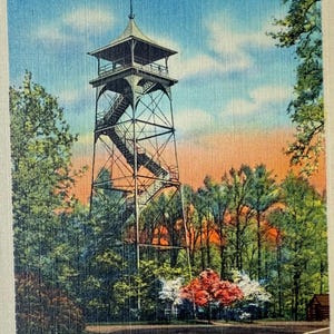 May include: Vintage postcard featuring the Observation Tower and Dogwood Blossoms in Valley Forge, Pa. The tower is a tall, metal structure with stairs, set against a backdrop of trees and a colorful sky. The text "VF-52-Observation Tower and Dogwood Blossoms, Valley Forge, Pa." is visible.