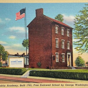 Alexandria Academy, construite en 1785, école gratuite dotée par George Washington, Alexandria, Virginie, carte postale vintage en lin