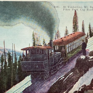 Carte postale À Timberline, le mont Baldy au loin, train à crémaillère à Pikes Peak, montagnes Rocheuses, Manitou Springs, Pikes Peak, Colorado, carte postale vintage
