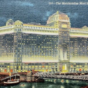 Carte postale vintage Merchandise Mart la nuit, (The Mart) Chicago, Illinois, lin