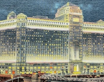 Carte postale vintage Merchandise Mart la nuit, (The Mart) Chicago, Illinois, lin