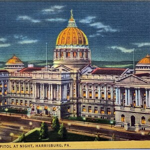 Carte postale vintage Le capitole de l'État la nuit, Harrisburg, Pennsylvanie