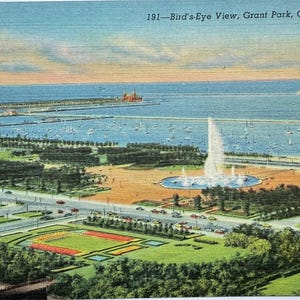 Carte postale vintage Vue à vol d'oiseau depuis Michigan Avenue, Grant Park, Buckingham Fountain, Chicago Park District, Chicago, Illinois, carte postale vintage