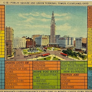 Place publique et Union Terminal, carte de correspondance pour personne occupée, Cleveland, Ohio, carte postale en lin vintage