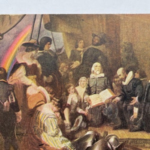 Le tableau : l'embarquement des pèlerins au départ de Delft, carte postale vintage