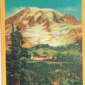 Carte postale vintage en lin Parc national Rainier, Paradise Inn and the Mountain, altitude 14 408 pieds
