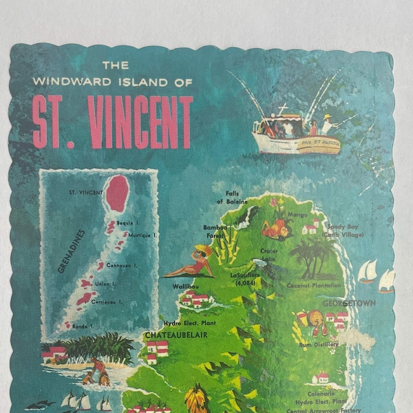 The Windward Island of St. Vincent in the West Indies, Illustrated Map, Vintage Postcard