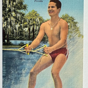 Dick Pope Jr., skiant pieds nus à Beautiful Cypress Gardens, Floride, Cartes postales en lin vintage