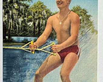 Dick Pope Jr., skiant pieds nus à Beautiful Cypress Gardens, Floride, Cartes postales en lin vintage