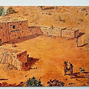 May include: A painting depicting a Native American pueblo dwelling with multiple ladders leading to the upper levels. The dwelling is made of stone and is surrounded by a dirt courtyard. Several figures are depicted in the courtyard, including a dog.