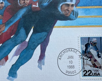 Winter Olympics 1988, First Day of Issue Speed Skating Vintage Postcard and Olympic Skiing Stamp