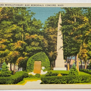 Mémorial de la guerre mondiale et de la guerre d’indépendance, Concord, Massachusetts, carte postale en lin vintage