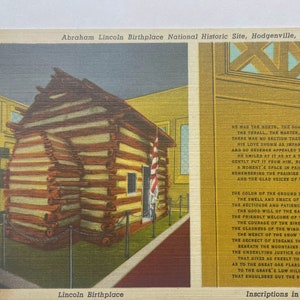 Carte postale en rondins, lieu de naissance d'Abraham Lincoln, lieu historique national, Hodgenville, Kentucky, lin vintage