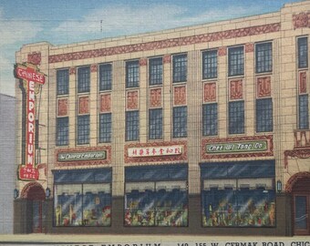 Carte postale en lin Chee Wo Tong Company, The Chinese Emporium, Chicago, Illinois, vintage
