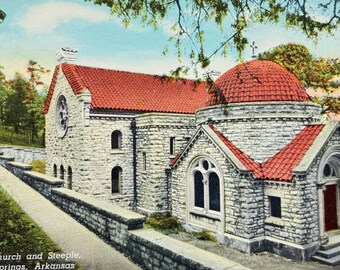 Église catholique et clocher. Carte postale vintage Eureka Springs, Arkansas,