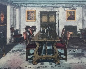 Carte postale en lin La pièce principale de la plus ancienne maison des États-Unis, Saint-Augustin, Floride, vintage