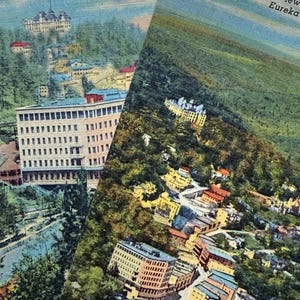 Paire de deux, Eureka Springs, Arkansas, vues aériennes, hôtel Crescent, section affaires, cartes postales en lin vintage