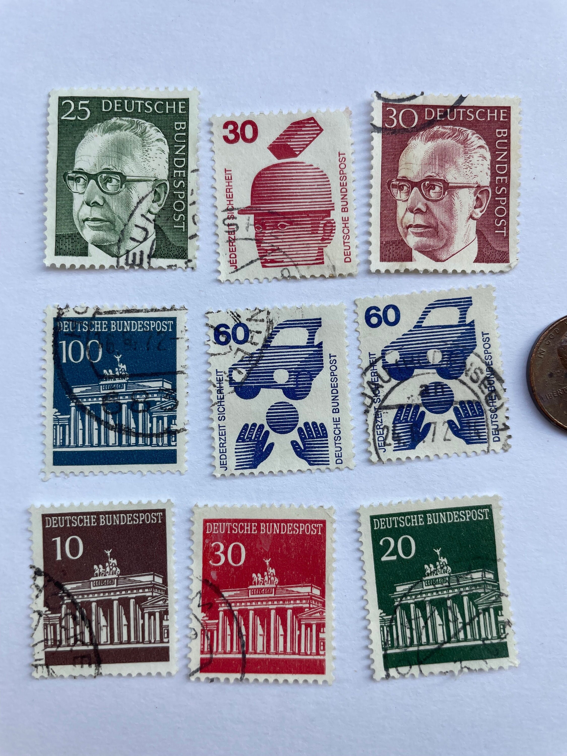 Set of 9 Deutsche Bundespost Stamps, Vintage German Postage