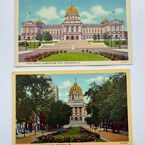 Paire de bâtiments du capitole de l'État de Pennsylvanie, Harrisburg, Pennsylvanie, cartes postales vintage en lin