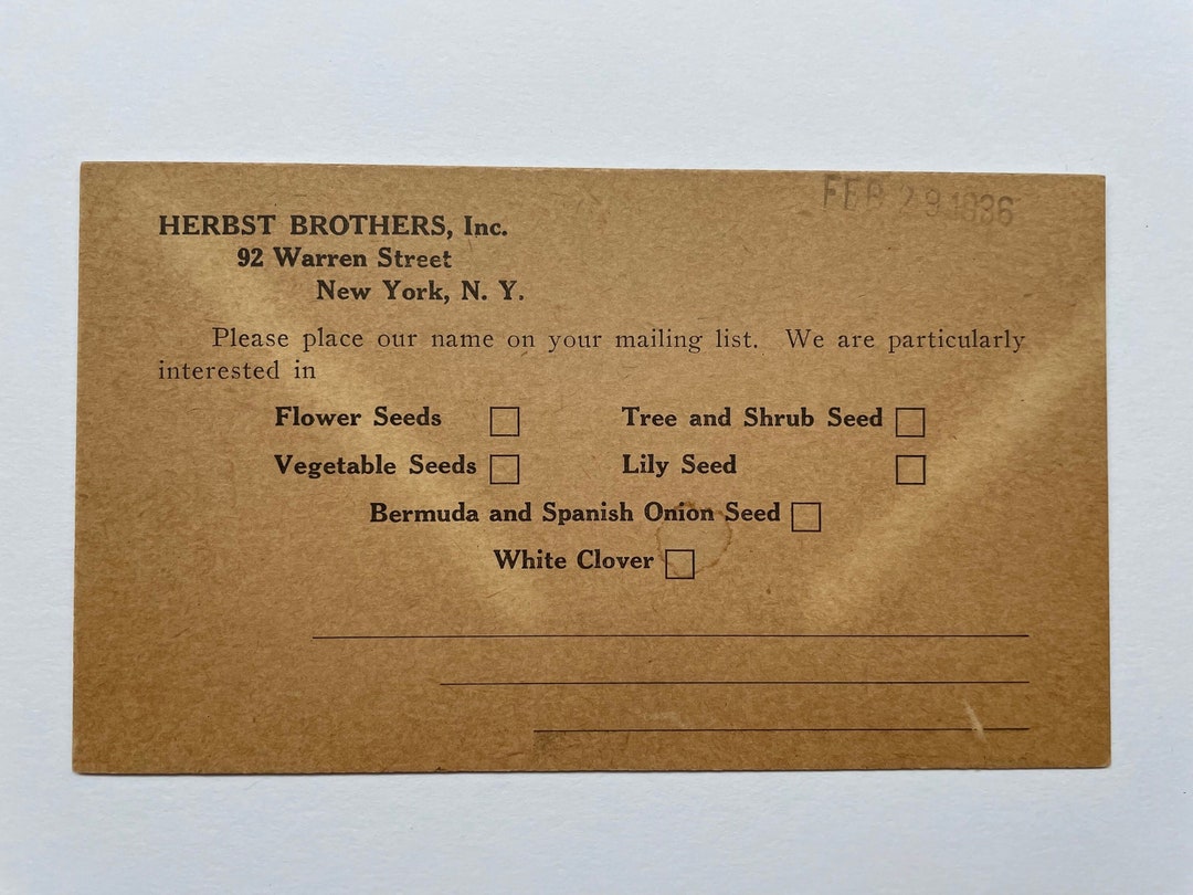 Herbst Brothers Business Reply Card for Seed Catalog, Vintage Postcard