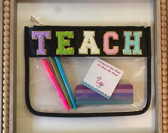 Clear Transparent Teach Travel Pouch, Chenille Patch Bag, Teach Bag, Teacher Bag, Teacher Organization, Teacher Gift, Teacher Clear Bag