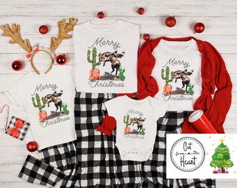 Cowboy Christmas Family Matching, Cowboy Pajamas, Kids Western Christmas Shirt, Christmas Cactus Bucking Horse Shirt, Cowboy Christmas