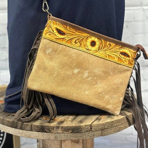 Rustic Ranch Hand Tooled Detail Fringe Messenger Bag