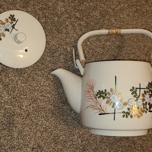 May include: White ceramic teapot with a floral design and a woven handle. The teapot has a matching lid with a small hole in the top.