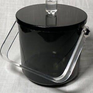 May include: A black acrylic ice bucket with a clear acrylic lid and handle. The lid has a clear acrylic knob.