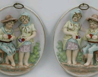 Vintage German Kalk Eisenberg Bisque Porcelain 3D Wall Plaques Hangings