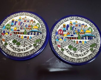 Midcentury Judaica Brass And Enamel Shalom Trivet And Ceramic Saucer Set Made in Israel Souvenirs of Jerusalem Midcentury Judaica Brass And Enamel Shalom Trivet And Ceramic Saucer Set Made in Israel Souvenirs of Jerusalem