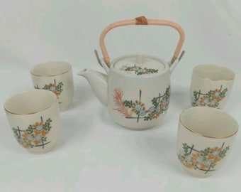 Vintage Japanese Hand-Decorated Floral Ceramic Tea Pot w Wrapped Bamboo Handle & Set of 4 Cups