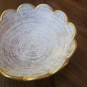 Vintage Royal Haeger USA white and gold scalloped pedestal console bowl