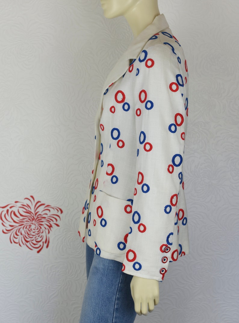 Pop Art Embroidered Blazer Vintage Red White /& Blue Blazer Lightweight Blazer 70s Vintage Patriotic Circles Jacket XSS