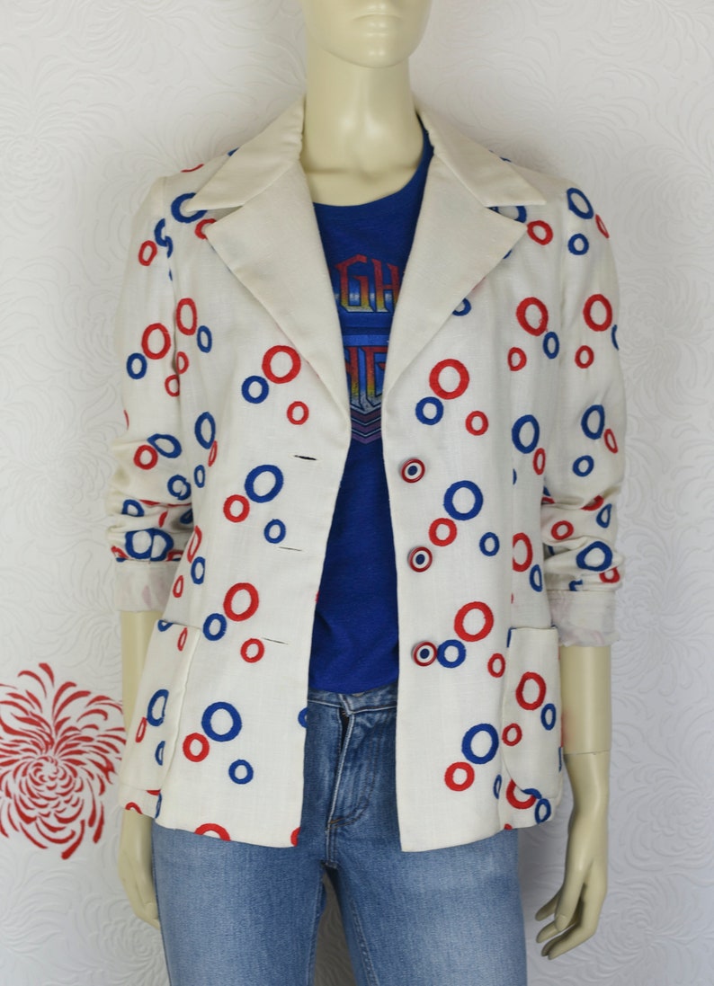 Pop Art Embroidered Blazer Vintage Red White /& Blue Blazer Lightweight Blazer 70s Vintage Patriotic Circles Jacket XSS