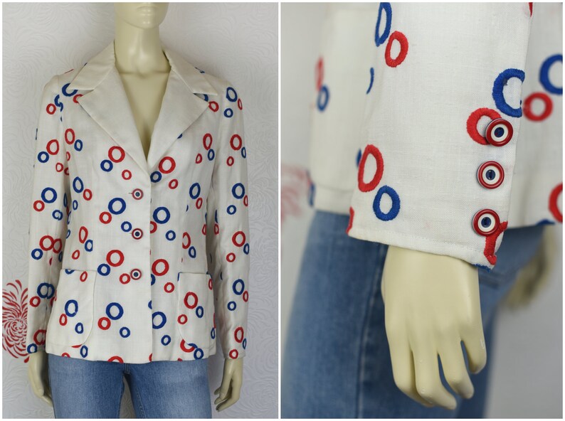 Pop Art Embroidered Blazer Vintage Red White /& Blue Blazer Lightweight Blazer 70s Vintage Patriotic Circles Jacket XSS