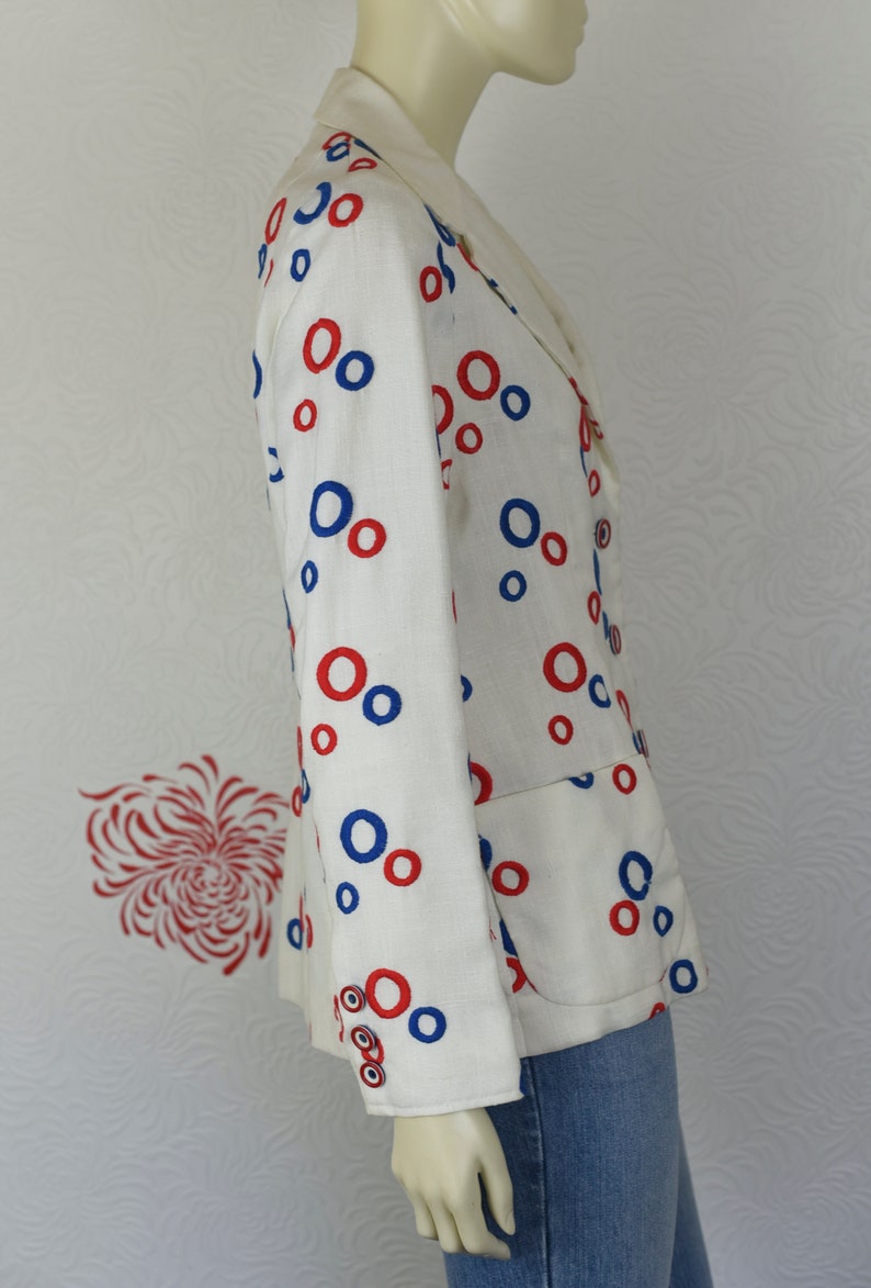 Pop Art Embroidered Blazer Vintage Red White /& Blue Blazer Lightweight Blazer 70s Vintage Patriotic Circles Jacket XSS