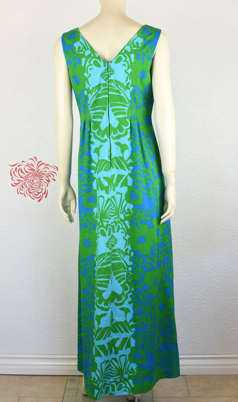 Aloha Long Hawaiian Dress Tiki Dress Vintage Hawaiian Dress Tropical Print Blue Floral Print Hawaiian Print Green Maxi Dress