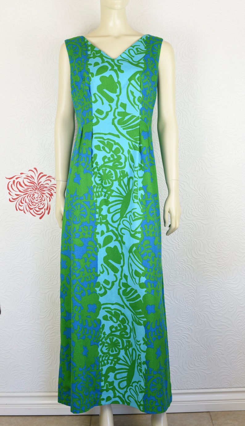 Aloha Long Hawaiian Dress Tiki Dress Vintage Hawaiian Dress Tropical Print Blue Floral Print Hawaiian Print Green Maxi Dress
