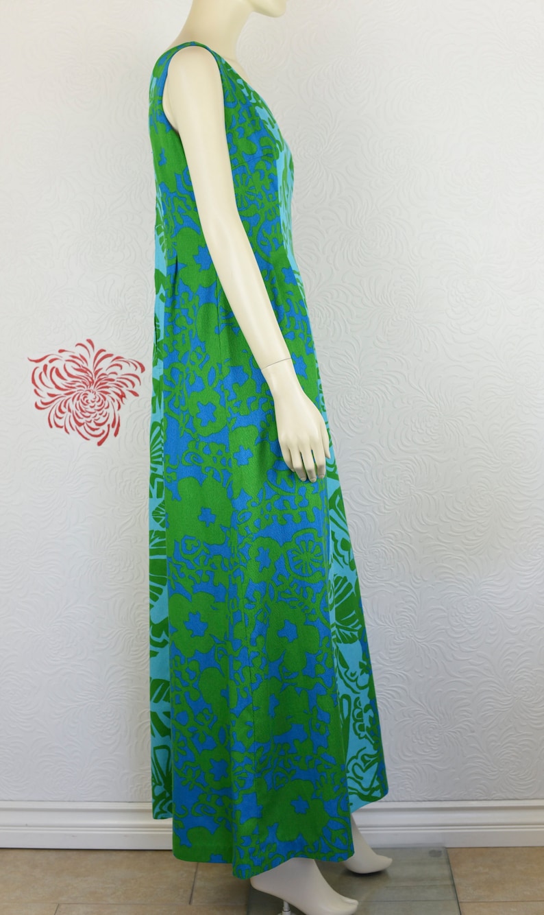 Aloha Long Hawaiian Dress Tiki Dress Vintage Hawaiian Dress Tropical Print Blue Floral Print Hawaiian Print Green Maxi Dress