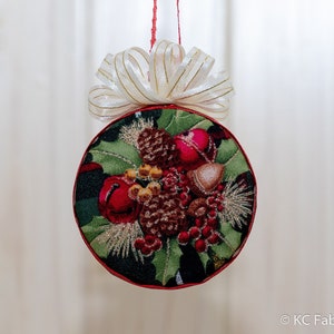 Quilted Ornament - no sew quilted 3&quot; half ball ornament, fabric ornament, berries and bells on plaid