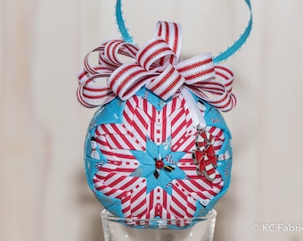 No sew quilted ornament - red and white striped fabric and light blue fabric ornament, red and white striped bow, candy cane charm