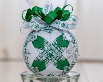 Quilted Christmas Ornament - green, white and silver sparkle ornament, green and white complimenting bow, and silver snowflake charm